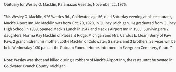 Macks Lunch - Wesley Orville Macklin 1920-1976 Obituary